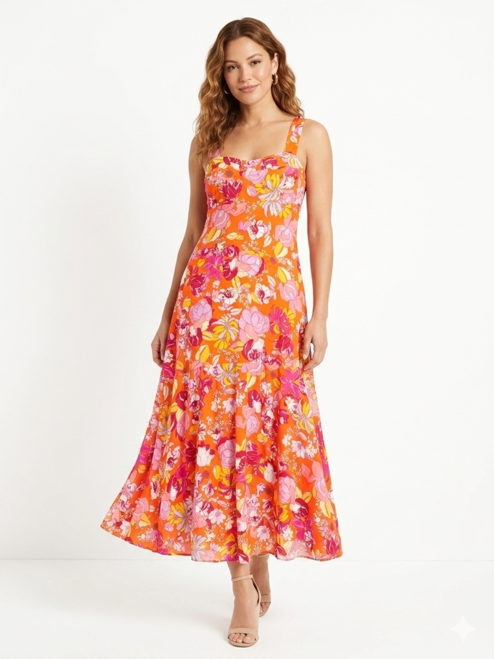 MSK Orange Floral Midi Dress with Pink Accents